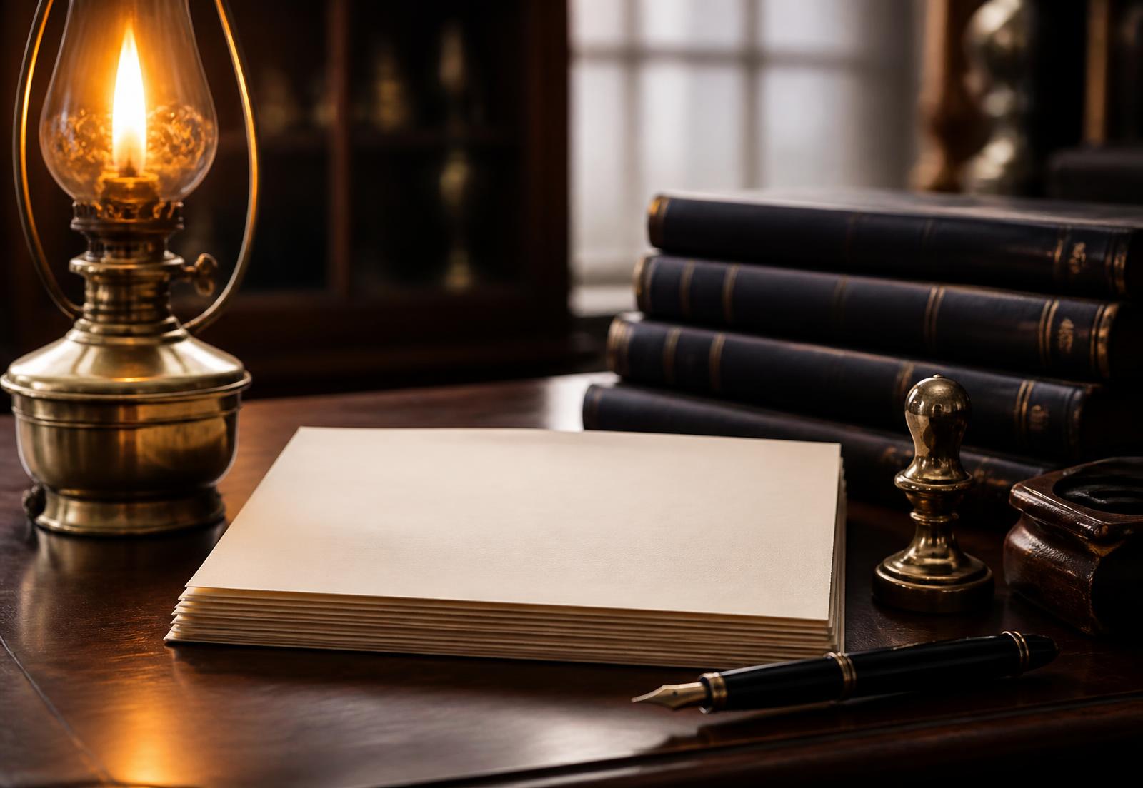 Deed papers, a fountain pen and a brass seal on a documentation desk