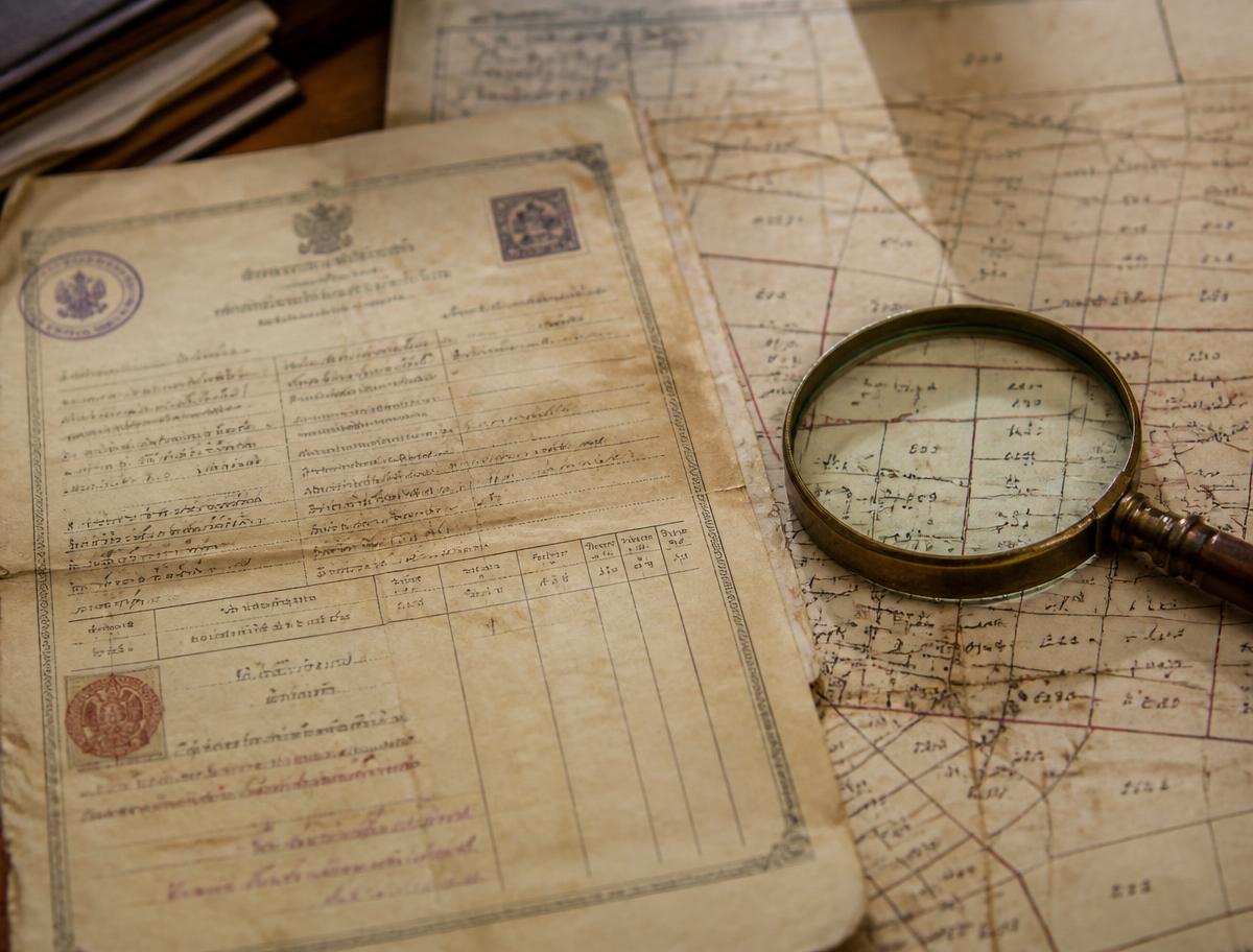 An old patta record beside a village survey map