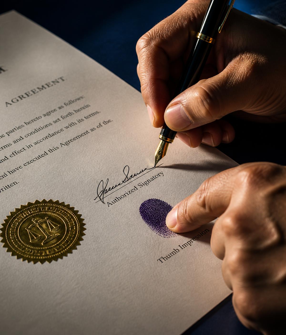 Hands signing a stamped agreement with a gold seal and thumb impression